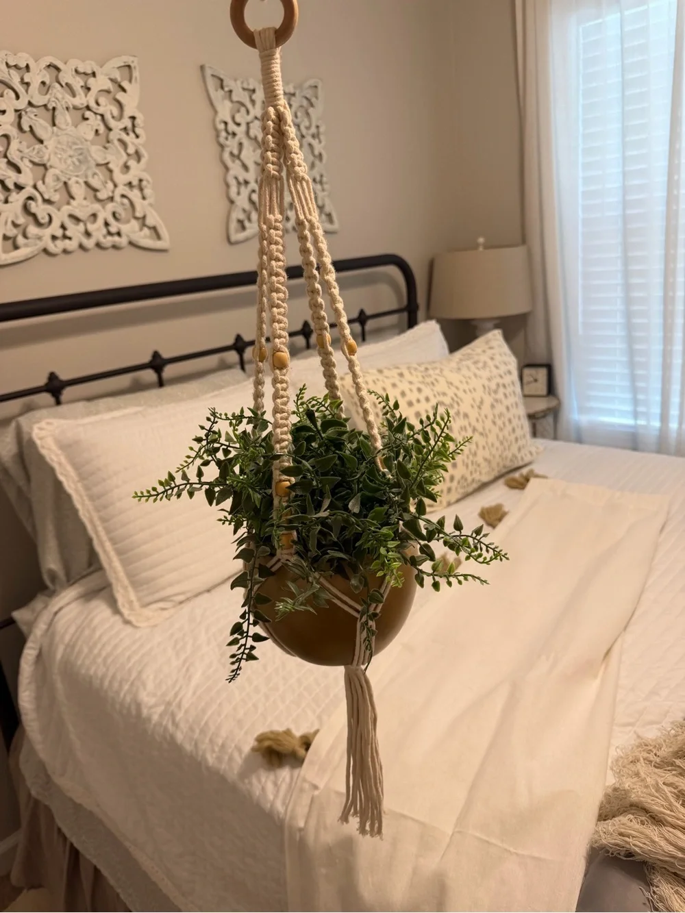 Macrame Hanging Planter with Greenery - Cream & Olive